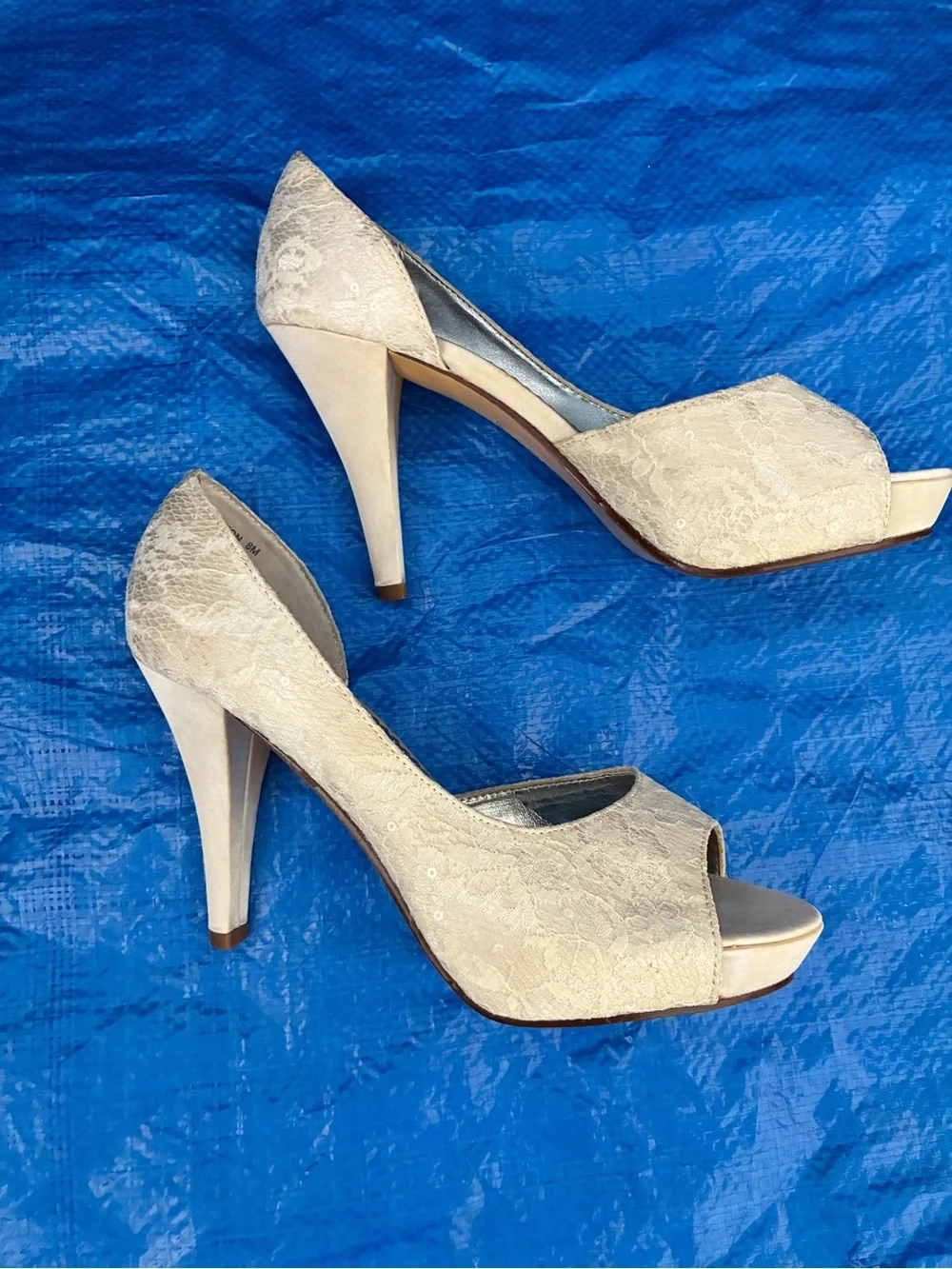 Michaelangelo Ivory Lace Peep-Toe High Heels